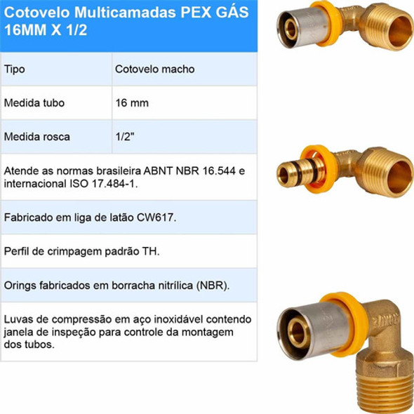 Kit 10 Cotovelo Macho Pex Gás Multicamadas 16mm X 1/2 1