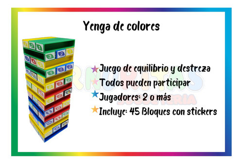 Yenga Colores Xenga Juego De Mesa Ingenio Destreza Taquitos 1