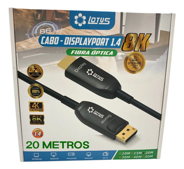 Cabo Displayport 1.4 Fibra Ótica 20 Metros 8k 60hz Ultra Hd 0