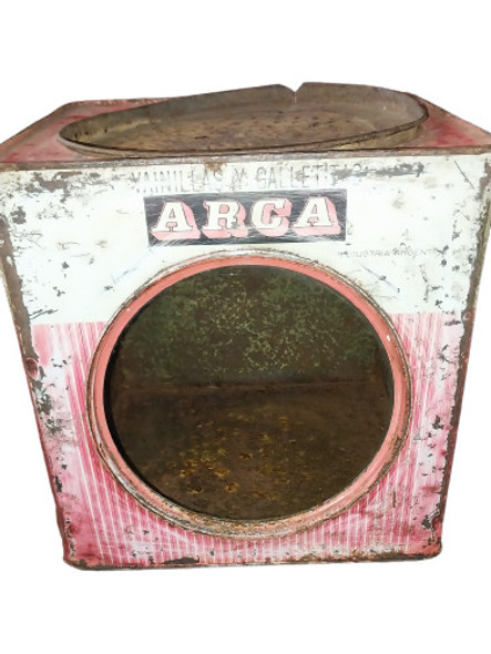 Muy Antigua Lata De Galletitas Con Ventana De Vidrio 0