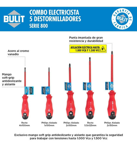Combo Bulit Electricista 5 Destornilladores Rectos Y Philips 1 Combo Bulit Electricista 5 Destornilladores Rectos Y Philips 1