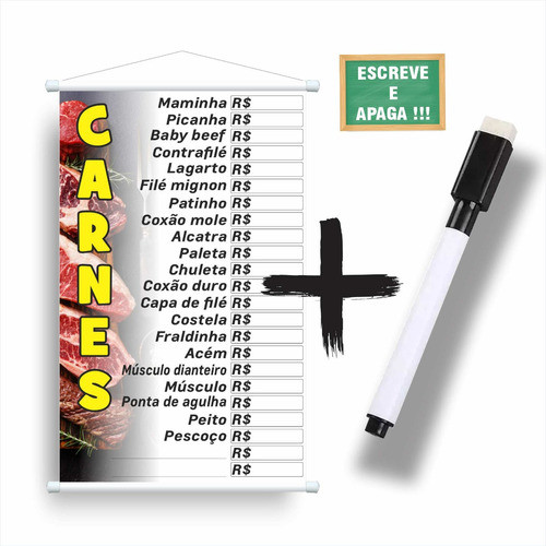 Banner Carnes Tabela De Preços Escreve E Apaga + Caneta 1