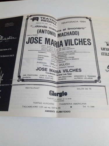 Teatro Regina,  Programa Temporada 1984. José María Vilches 1