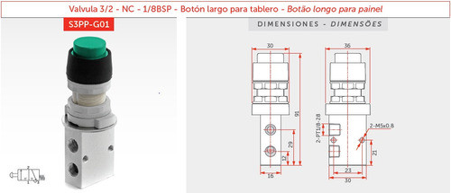 Valvula Neumatica 3/2 Boton Largo Ideal Tablero, 1/8 Bsp Nc 1