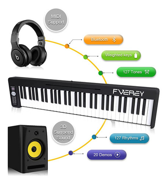 Fverey Teclado De Piano Plegable De 61 Teclas, Piano Electró 1 Fverey Teclado De Piano Plegable De 61 Teclas, Piano Electró 1