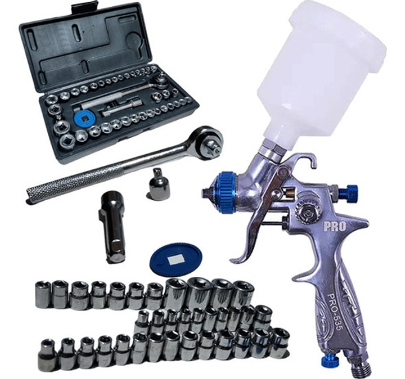 Pistola De Pintura Gravidade 0.8mm + Jogo Soquete 40pcs Pdr 0