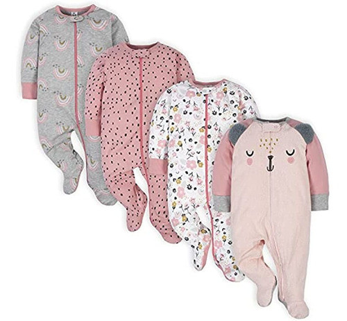Gerber Baby Girls' 4 Pack Sleep 'n Play Footie, Bear Pink, 0 0