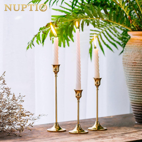 Candelabros Cónicos Juego X3 Decorativo Vintage Latón Dorado 1