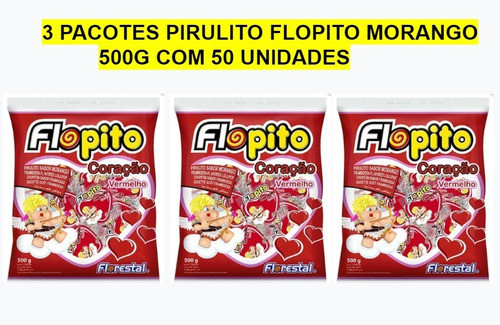 3 Pacotes Pirulito Flopito Coração Morango 500g C/50 Unids 1