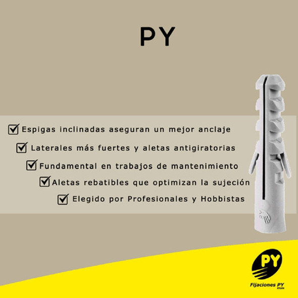 500 Unidades - Tarugo Común Sin Tope Nº6 - Marca: Fijaciones Py - Material: 100% Nylon - Para Ladrillo Macizo 1
