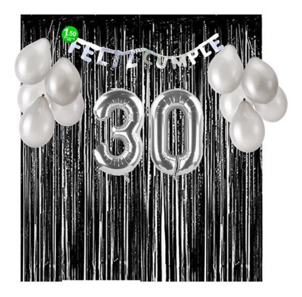 Kit Decoración Cumpleaños - 30 Años - Negro Y Plateado 0 Kit Decoración Cumpleaños - 30 Años - Negro Y Plateado 0