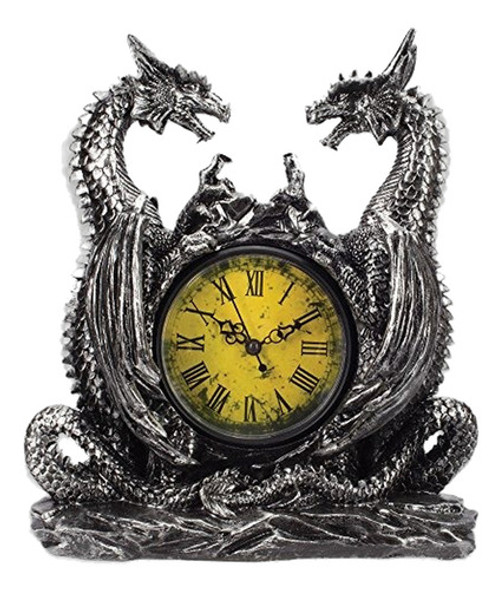 Twin Evil Dragons Antiqued Mantel Clock Mesa De Escritorio 0