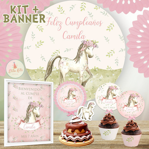 Kit Imprimible Caballos Nena + Banner Circular Fondo Mesa 1