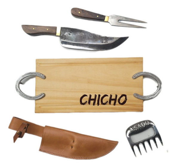 Juego Parrillero Cuchilla Bowie 26cm Tabla Asado Garra Oso 0