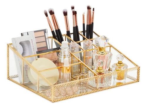Organizador De Maquillaje De Vidrio Con Adornos Dorados Para 0