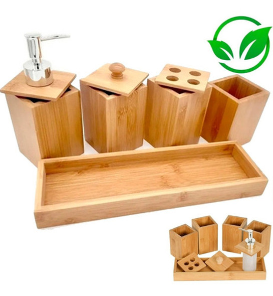 Kit Banheiro Ecológico Bambu Luxo Porta Creme Dental Algodão 0