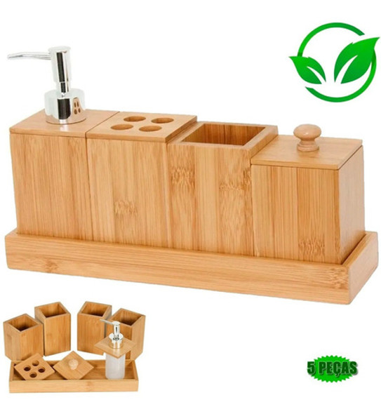 Kit Banheiro Ecológico Bambu Luxo Porta Creme Dental Algodão 1