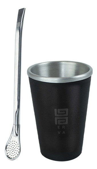Kit Cuia Copo Preto Térmico Bomba Inox Erva Mate Tereré 300m 0