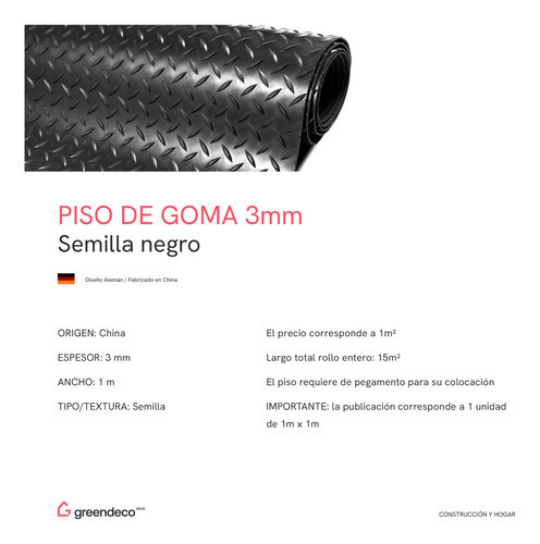 Piso De Goma Gimnasio Semilla Caucho Negro Liso Rollo 3mm 1