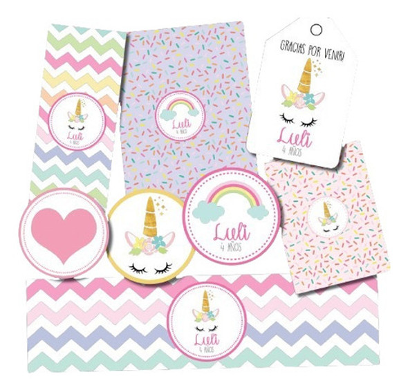 Kit Imprimible Personalizado Unicornio Candy Deco Invitacion 0