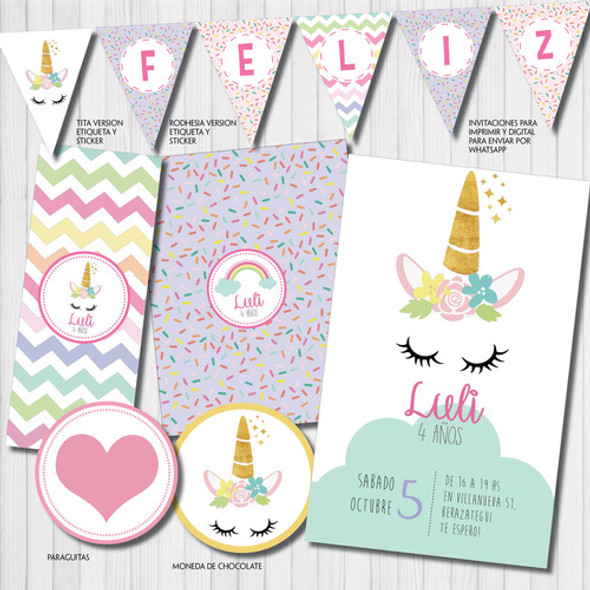 Kit Imprimible Personalizado Unicornio Candy Deco Invitacion 1