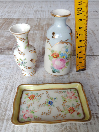 Lote Antigua Porcelana Pintada A Mano Floreritos Bandeja Oro 0