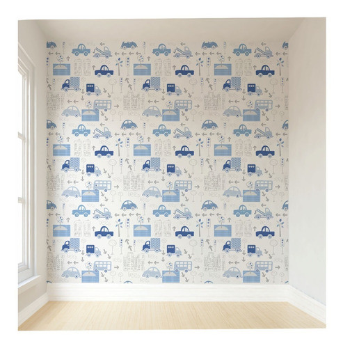 Papel De Parede Infantil Carrinho Azul Auto Colante 5m 0