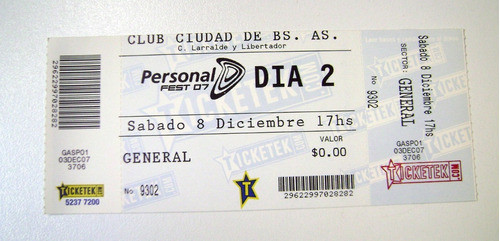 Entrada Personal Fest 2007 Dia 2 Club Ciudad S/cortar  Boedo 0