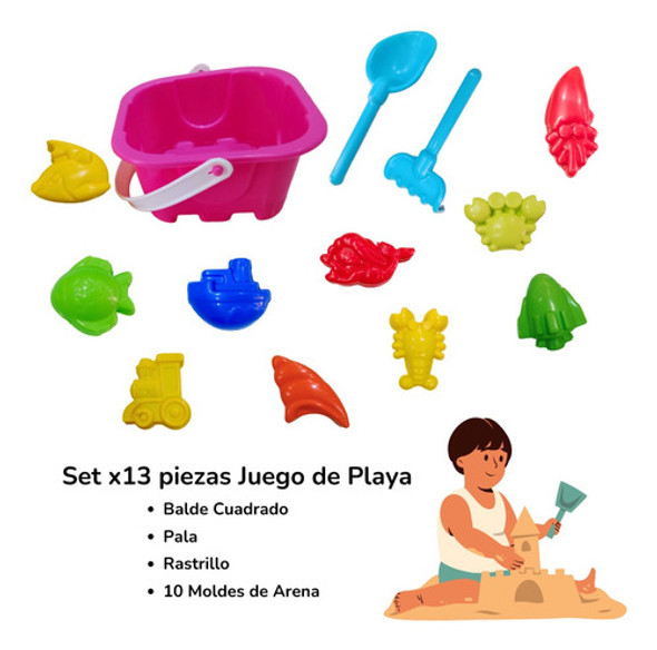 Set 13pz Playa Arena Molde Rastrillo Pala Balde Cuadrado Mar 1