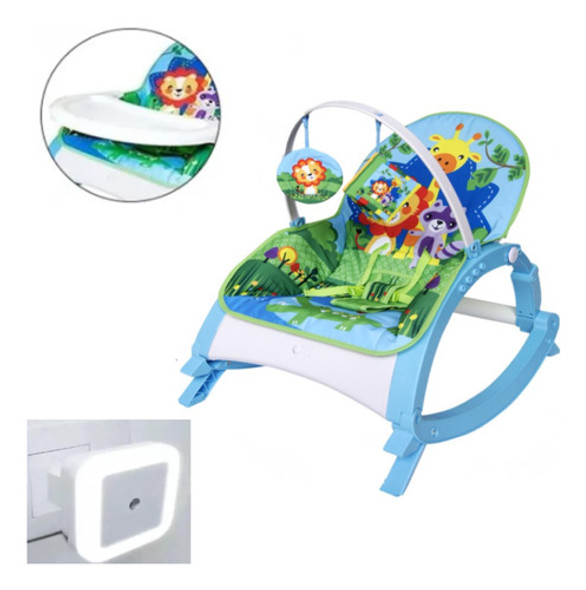 Cadeira De Balanço Azul Bandeja Alimentação + Luminária Bebê 0