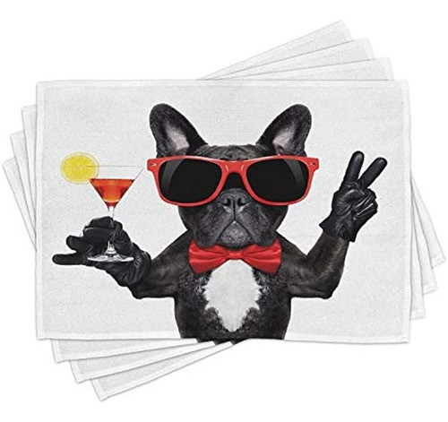 Lunarable Funny Place Mats Juego De 4 French Bulldog Holding 0