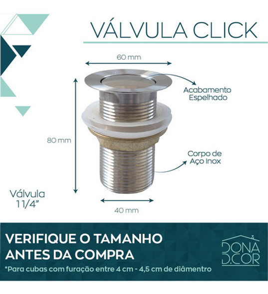 2 Valvula Click 1 1/4 Inox Ralo Pia Banheiro Cuba Kit 2 Un 1
