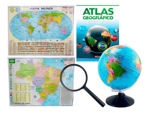 Kit Lupa + Globo Terrestre 30cm Atlas + Mapa Mundi E Brasil 0