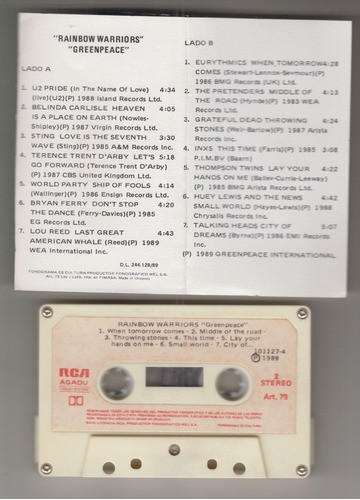 1989 Cassete Uruguay U2 Lou Reed Otros Rainbow Warriors 1 1