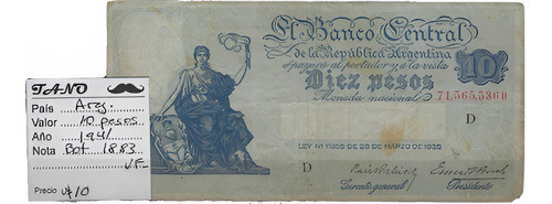 B99 Argentina Billete 10 Pesos Año 1941 Botero 1883 0