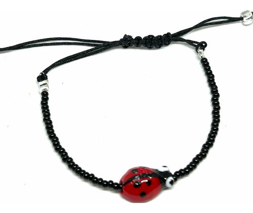 Pulsera Escarabajo Mostacilla Macrame E Hilo Chino Negro 0