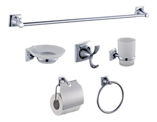 Set Accesorios Baño Ducha 6 Pzs Metal Cromado Base Cuadrada 0