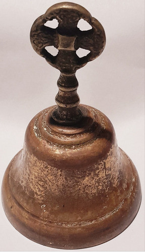 Antigua Campana Bronce Oro Campanilla De Mano Católica Cruz 0