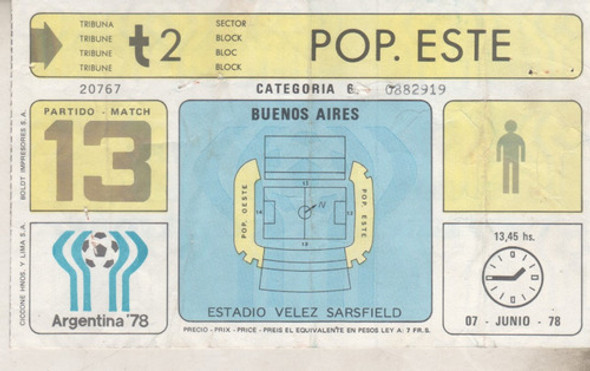 Entrada Mundial 78 Partido Nº 13 - Austria Vs Suecia - Velez 0