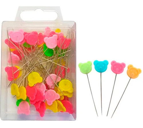 100 Alfinetes Cabeça Ursinho Cores Patchwork Costura Aplique 0
