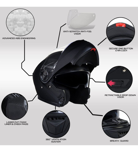 Casco Modular Para Motocicleta Negro Mate Con Visera Despleg 1