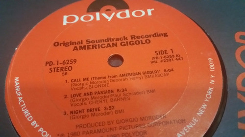 Giorgio Moroder Blondie Call Me Extended American Gigolo Lp 1