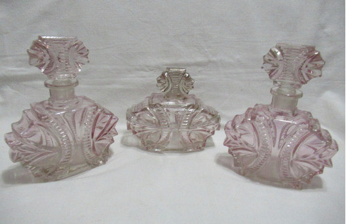 Juego Tocador 3 Piezas Botellas Perfume Vidrio Czech Rosa 0