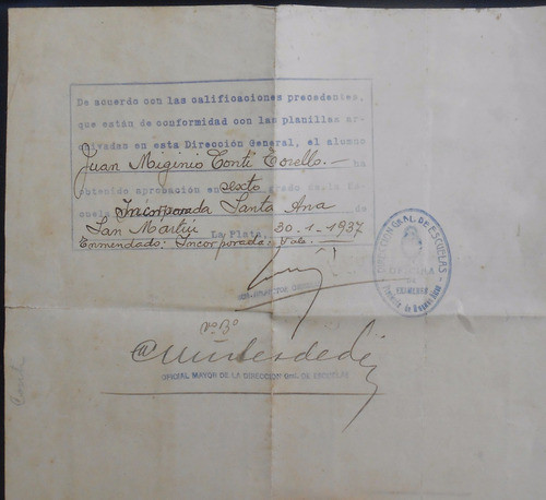 Certificado Estudios Año 1936 Colegio Santa Ana 1