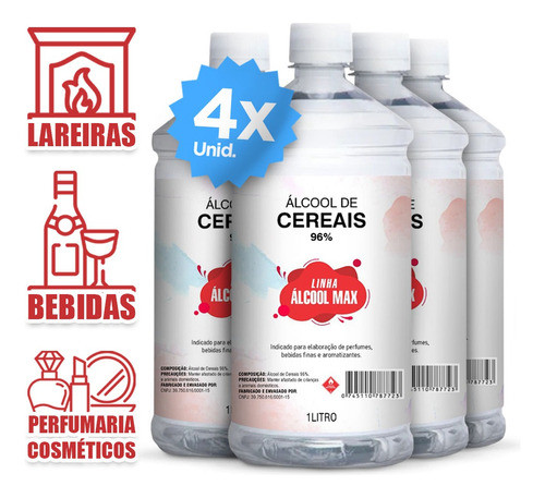 Álcool Cereais 96% Bebidas Tintura Plantas E Lareiras 4 Lts 0
