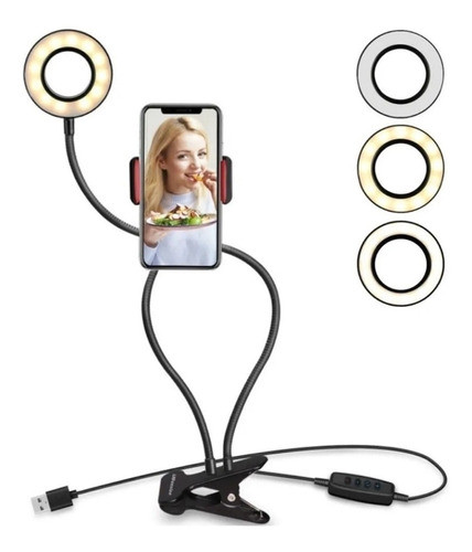 Tripode Flexible C/aro Led + Control 65 Cm Pinza Celular Usb 1