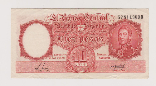 Billete Argentina 10 $ Bottero 1950 Año 1955 Muy Bueno 0