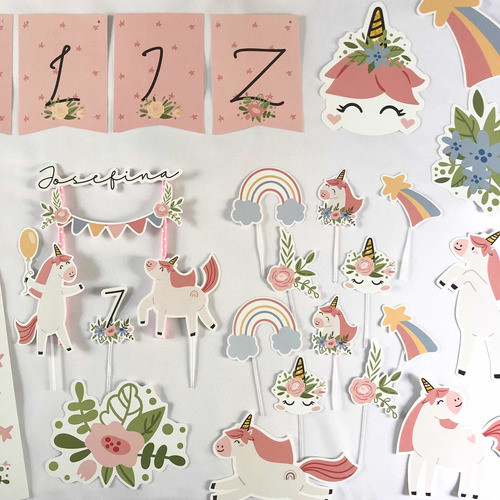 Kit Deco Cumple Cake Topper Banderín Pinchos Unicornio Flor 0