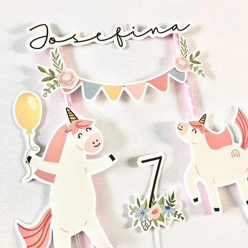 Kit Deco Cumple Cake Topper Banderín Pinchos Unicornio Flor 1
