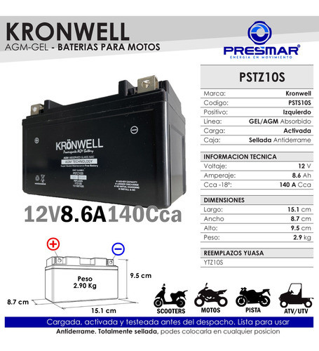 Bateria Kronwell Gel Yamaha 350 Yfm35 R Raptor 04/13 Ytz10s 1